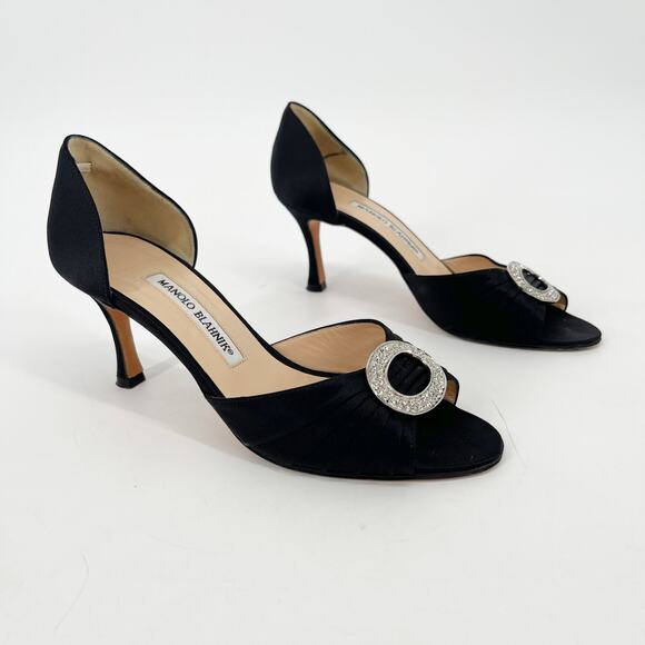 Manolo Blahnik y2k Black Satin Sedaraby Crystal D’Orsay Peep Toe Heels IT 37 - Picture 1 of 10